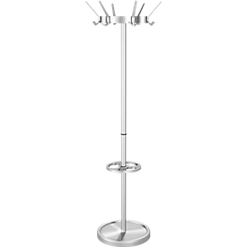 Perchero Kerkmann Public, 18 ganchos, paragüero, corona giratoria, Al 1760 x Ø 500 mm, acero, aluminio plata
