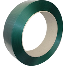 PET KU ruban en polyester, L 1200 m x l 15,5 mm, épaisseur 0,9 mm, Ø mandrin 406 mm, jusqu'à 555 kg, 100 % matériau recyclé, vert, gaufré