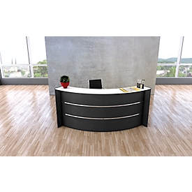 Petit comptoir de réception en arc Faro, avec tablette et plateaux latéraux, L 2550 x P 1200 x H 1120 mm, anthracite/anthracite