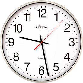 PEWETA kwarts-wandklok met stil uurwerk Ø 250 mm, zilverkleurige kunststof behuizing, 1,5 V batterijvoeding