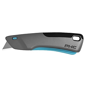 PHC Victa™ safety knife, auto blade retraction, non-slip handle, replaceable blade, lanyard hole, metal, blue-silver