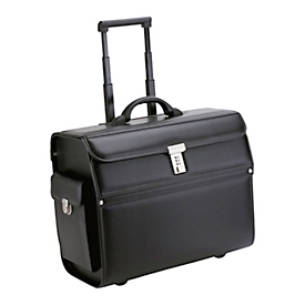 Pilot case Alassio MONDO, main compartment, laptop compartment up to 17'', business card pockets, pen loops, telescopic handle, lockable, imitation leather, black