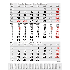Planning 3 mois Korsch Comfort Gris 2024, 1 page pour 3 mois, décembre - février, reliure à anneaux, calendrier D/E/F/I, L 300 x H 390 mm