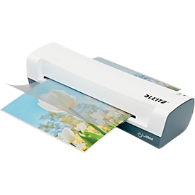 Plastifieuse Leitz iLAM Home A4 EU, jusqu'au format A4, pour films d'une épaisseur de 75 à 125 µm, 300 mm/min, kit de démarrage pour film inclus, blanc-gris