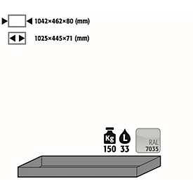 Plateau standard pour les armoires de sécurité asecos des séries Q30, Q90 et S90, en tôle d'acier, gris clair, L 1042 x P 462 x H 80 mm, 33 l, jusqu'à 150 kg