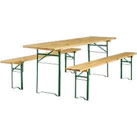 Plooibare tafel en 2 zitbanken, hout