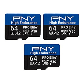 PNY PRO Elite High Endurance - Flash-Speicherkarte (SD-Adapter inbegriffen) - 64 GB - A2 / Video Class V30 / UHS-I U3 / Class10 - microSDXC UHS-I (Packung mit 3)