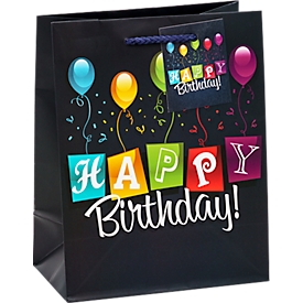 Pochette cadeau TSI Happy Birthday, format A5, avec cordon de transport et carte d'inscription, L 180 x P 100 x H 230 mm, film PP, noir, 3 pièces