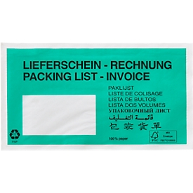 Pochette pour documents / pochette pour bons de livraison SecurePack, format DIN long, fenêtre à gauche, avec impression, autocollante, papier cristal, vert, 250 pièces