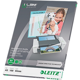 Pochettes à plastifier iLAM LEITZ®, format A3, 80 mic, 100 p.