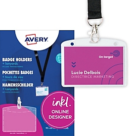 Pochettes pour badges Avery Zweckform 90 x 60 mm, avec cordon noir, lot de 10, 16 étiquettes à insérer


