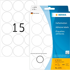 Points de colle HERMA 2270, Ø 32 mm, autocollants, permanents, inscriptibles à la main, 480 pièces sur 32 feuilles, papier FSC®, blanc