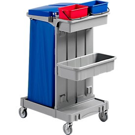 Poly I cleaning trolley, 2 x 4 l buckets, 2 storage trays, with waste bag holder rack