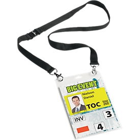 Porte badge évenementiel A6, avec lacet textile duo, noir, 10 p. 