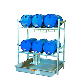 Porte-fûts type 800 variante 6 CEMO, avec support de fûts et bac de récupération, pour 6 x 60 fûts en I, L 1410 x l 1280 x H 1620 mm