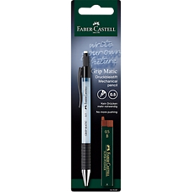 Porte-mines Faber-Castell GRIP-MATIC 1375, épaisseur de mine 0,5 mm, HB, avance automatique de la mine, mine remplaçable, zone de préhension caoutchoutée, plastique &amp; métal, bleu clair translucide, 12 mines incluses