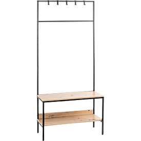 Portemanteau sur pied HAKU, 5 crochets, charge totale 15 kg, 2 tablettes, L 800 x P 350 x H 1800 mm, acier/bois/métal, noir/décor chêne clair