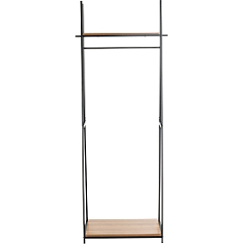 Portemanteau sur pied HAKU, charge totale 15 kg, 2 tablettes, L 680 x P 400 x H 1660 mm, acier/bois, noir/décor chêne foncé