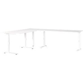 Porto hoekbureau, mechanisch in hoogte verstelbaar, C-poot, incl. aanbouwtafel met steunpoot, B 1200/1600 x D 2200 x H 680-910 mm, wit/wit