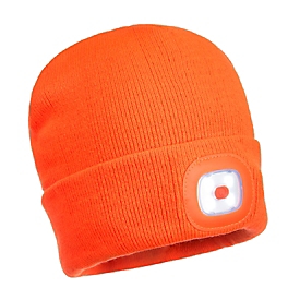 Portwest Bonnet LED B029, luminosité 150 lm, jusqu'à 15 m, jusqu'à 4 h, rechargeable, USB, épaisseur de tricot 9, tissu acrylique, orange, 1 pièce