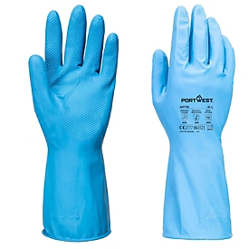 Portwest Einmalhandschuhe FD Chemical B, Stulpenhandschuhe, lebensmittelecht, chemikalienbeständig, Latex/Baumwolle, L, blau, 12 Stück