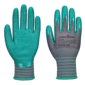 Portwest Schutzhandschuh Grip 15, Knitter-Nitril-Beschichtung, Hitzeschutz bis 100 °C, Nitrilgummi, L, grau-grün, 12 Paar