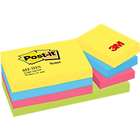 POST-IT Haftnotizen Notes, farbig sortiert, 51 mm x 38 mm, 12er Pack, 4 Farben