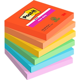 POST-IT Haftnotizen Super Sticky Notes Playful 654-6SS-PLAY, 76 x 76 mm, wiederablösbar, cellophanfrei verpackt, farbig, 6 x 90 Blatt