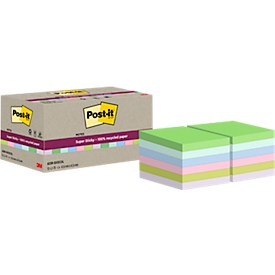 Post-it® Haftnotizen Super Sticky Recycling Notes 622-RSS12COL, B 47,6 x T 47,6 mm, PEFC®-Papier, farbig, 12 Blöcke, 70 Blatt/Block