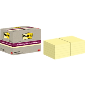 Post-it® Haftnotizen Super Sticky Recycling Notes 654 RSS12CY, B 76 x T 76 mm, PEFC®-Papier, gelb, 12 Blöcke, 70 Blatt/Block