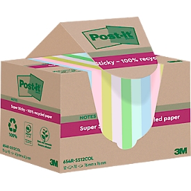 Post-it® Haftnotizen Super Sticky Recycling Notes RSS12COL, B 76 x T 76 mm, PEFC®-Papier, farbig, 12 Blöcke, 70 Blatt/Block