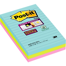 Post-it® Haftnotizen Super Sticky XL Notes 4690S3MI Miami, 101 x 152 mm, 3 x 90 Blatt, liniert, bunt