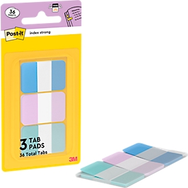 Post-it Index Strong 686-3COAST bande adhésive bleu pastel/violet/vert, extra épaisse, inscriptible &amp; repositionnable, 25,4x38,1 mm, 36 onglets dans un étui



