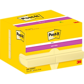 Post-It® notes adhésives Super Sticky Notes, jaune, 47,6 x 73 mm, 90 feuilles/bloc, 12 blocs, dans un emballage carton
