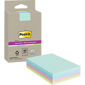 Post-it® notes adhésives Super Sticky Recycling Notes 4645-RSSCOL14, ligné, L 102 x P 152 mm, couleur, papier PEFC®, 12 blocs, 70 feuilles/bloc