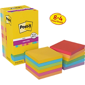 POST-IT ® Post-it Super Sticky Notes Carnival + Playful Collection 654-SSCAPL-P8+4, L 76 x P 76 mm, 8 blocs + 4 gratuits, 90 feuilles/bloc, couleurs assorties