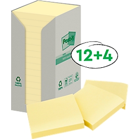 Post-it® Recycling Notes 654-1T, B 76 x H 76 mm, 100% gerecycled papier, geel, 16 blokken van elk 100 vellen