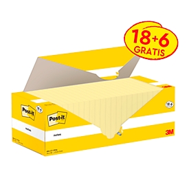Post-it® sticky notes Notes 654-CY-VP24, B 76 x D 76 mm, PEFC® papier, geel, 18 + 6 pads gratis, 100 vellen/pad