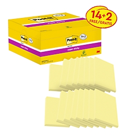 Post-it® Sticky Notes Super Sticky Notes 65516SYP, B 76 x D 127 mm, PEFC® papier, geel, 14 + 2 pads gratis, 90 vellen/pad
