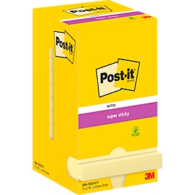 Post-It® Sticky Notes Super Sticky Notes, yellow, 76 x 76 mm, 90 sheets/pad, 12 pads, in cardboard packaging