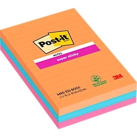 Post-it Super Sticky Notes 4690-3SS-BOOS, lignées grand format, adhérence extra forte sur les murs/portes, Boost Collection, PEFC, 60% d'adhésif biosourcé