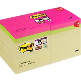 Post-it® Super Sticky Notes 654SS-P14CY+, 76 x 76 mm, 14 x 90 Blatt gelb + jeweils 2 x 90 Blatt neongrün bzw. ultrapink, blanko