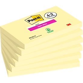 Post-it Super Sticky notes adhésives Jaune 76 x 127 mm, double adhérence, repositionnable plusieurs fois, s'enlève sans laisser de traces, PEFC, paquet avantage 4+2 blocs