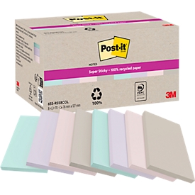 Post-it Super Sticky Recycling Notes 655-RSS8COL couleur, 127 x 76 mm, double adhérence pour murs/portes, 100% papier recyclé, PEFC RECYCELT, adhésif sans solvant