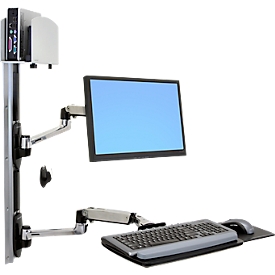 Poste de travail debout-assis Ergotron LX 45-247-026, montage mural, pour 1 écran jusqu'à 32", avec tablette pour clavier &amp; support pour unité centrale de taille moyenne, réglable en hauteur, inclinable, pivotant &amp; inclinable, aluminium