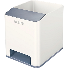 Pot à crayons WOW Sound Leitz, 1 compartiment, compartiment smartphone avec amplificateur de son, blanc/gris