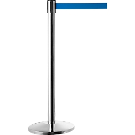 Poteau de délimitation, chromé-argenté, sangle bleue, extensible jusqu'à 2 m, auto-enrouleur, avec frein, Ø 360 x H 1040 mm, métal chromé