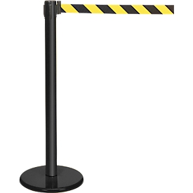 Poteau de sangle GLA45, incl. plateau 320 mm &amp; cassette de sangle 2,3 m d'extension, H 955 mm, métal, noir, sangle noire-jaune