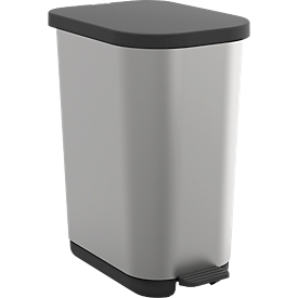 Poubelle à pédale Rotho Ribo, capacité 35 l, avec couvercle et seau intérieur, L 400 x l 285 x H 513 mm, plastique recyclé, argenté