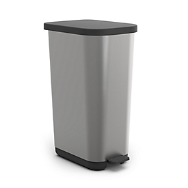 Poubelle Rotho RIBO, 55 l, mécanisme à pédale, avec couvercle, espace pour les sacs réglable, plastique recyclé, argenté métallique/noir